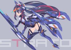Rule 34 | 1girl, black hair, blue eyes, blue footwear, boots, breasts, grey background, hair between eyes, high heel boots, high heels, holding, holding sword, holding weapon, leaning forward, mecha musume, armored boots, mk-5, multicolored hair, original, panties, parted lips, red hair, science fiction, small breasts, solo, streaked hair, sword, thigh boots, thighhighs, twintails, underwear, weapon, white panties