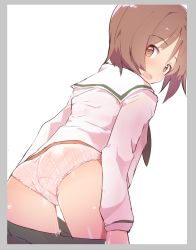 Rule 34 | 10s, 1girl, ass, bad id, bad twitter id, bent over, blouse, blush, border, brown eyes, brown hair, caburi, clothes pull, commentary, crotch seam, from behind, frown, girls und panzer, green skirt, grey border, highres, long sleeves, looking at viewer, looking back, nishizumi miho, ooarai school uniform, open mouth, panties, pink panties, plaid, plaid panties, print panties, pulling own clothes, school uniform, serafuku, shirt, short hair, simple background, skirt, skirt pull, solo, standing, sweat, trefoil, underwear, undressing, white background, white shirt