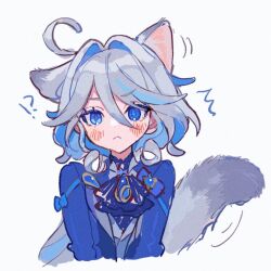 Rule 34 | !?, 1girl, :&lt;, ^^^, ahoge, animal ears, ascot, blue ascot, blue eyes, blue gemstone, blue hair, blue jacket, blue pupils, blush, brooch, cat ears, cat tail, closed mouth, colored inner hair, commentary, cropped torso, drop-shaped pupils, ear wiggle, extra ears, film grain, furina (genshin impact), gem, genshin impact, grey hair, grey tail, hair between eyes, hair intakes, heterochromia, highres, jacket, jewelry, kemonomimi mode, long hair, looking at viewer, mismatched pupils, motion lines, multicolored hair, no headwear, nopnop chan, open clothes, open jacket, simple background, solo, straight-on, symbol-only commentary, symbol-shaped pupils, tail, upper body, wavy hair, white background