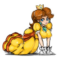 Rule 34 | 1girl, :p, all fours, blue eyes, breasts squeezed together, breasts, brown hair, covered erect nipples, crown, dress, earrings, gem, gloves, gown, jewelry, large breasts, long hair, looking at viewer, mario (series), nintendo, princess daisy, sketch, slugbox, smile, solo, super mario land, tongue, tongue out, transparent background, v arms, wavy hair, white gloves, yellow dress