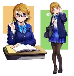 Rule 34 | 1girl, black pantyhose, blue bow, blue bowtie, blue jacket, blue skirt, book, bow, bowtie, breath, brown hair, carrying bag, collared shirt, diagonal-striped bow, expressions, glasses, hair between eyes, highres, holding, holding pencil, jacket, koizumi hanayo, loafers, long sleeves, looking at viewer, love live!, nakano maru, open clothes, open jacket, open mouth, otonokizaka school uniform, pantyhose, parted lips, pencil, plaid, plaid skirt, pleated skirt, purple eyes, school uniform, shirt, shoes, short hair, skirt, smile, solo, standing, striped bow, striped bowtie, striped clothes, tail, twitter username, white shirt, wing collar