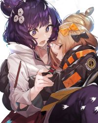 Rule 34 | 2girls, abigail williams (fate), akieda, bag, bandaid, bandaid on face, bandaid on forehead, belt, black bow, black jacket, blonde hair, blush, book, bow, breasts, closed eyes, crossed bandaids, fate/grand order, fate (series), flower, forehead, grin, hair bun, hair flower, hair ornament, heroic spirit traveling outfit, high collar, highres, hug, jacket, katsushika hokusai (fate), katsushika hokusai (traveling outfit) (fate), long hair, long sleeves, multiple bows, multiple girls, official alternate costume, open book, open mouth, orange belt, orange bow, parted bangs, pencil, purple eyes, purple hair, short hair, shoulder bag, simple background, single hair bun, sketchbook, sleeves past fingers, sleeves past wrists, smile, swept bangs, white background