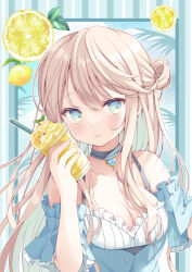 Rule 34 | 1girl, bare shoulders, blonde hair, blue background, blue eyes, breasts, cleavage, collarbone, comiket 100, cup, cup to cheek, detached sleeves, dress, drink, drinking straw, food, frappuccino, frills, fruit, hair bun, hand up, holding, holding cup, holding drink, hoshino koucha, jewelry, lemon, long hair, looking to the side, medium breasts, necklace, original, palm tree, smile, solo, spaghetti strap, tree, upper body