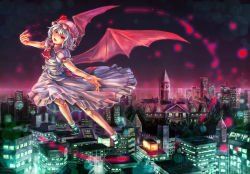 Rule 34 | 1girl, bad id, bad pixiv id, bat wings, blood, blue hair, building, cityscape, female focus, hat, nature, outdoors, plant, red eyes, remilia scarlet, scarlet devil mansion, short hair, skirt, sky, solo, touhou, wings, yuumeibokumeimei