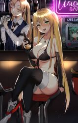 Rule 34 | 3girls, :d, akashi (azur lane), alternate costume, azur lane, bar (place), bare shoulders, bikini, black bikini, black gloves, black ribbon, blonde hair, blue vest, blush, bottle, breasts, cleavage, cleveland (azur lane), cleveland (gentry knight) (azur lane), collared shirt, commission, crossed legs, dress shirt, elbow gloves, formal, gloves, green eyes, hair ribbon, highres, holding, holding bottle, hornet (azur lane), j.moon, jewelry, large breasts, long hair, long sleeves, looking at viewer, multiple girls, necktie, one side up, open mouth, pant suit, pants, ribbon, shaking, shirt, shorts, sitting, smile, stool, suit, swimsuit, thighhighs, twintails, very long hair, vest, white shirt