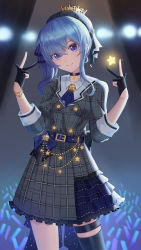 Rule 34 | 1girl, absurdres, ascot, belt, beret, black choker, black gloves, black thighhighs, blue hair, blue nails, bracelet, brooch, charm (object), choker, concert, contrapposto, double v, dress, fingernails, gloves, glowing, grey dress, grey hat, hat, hat ribbon, highres, hololive, hoshimachi suisei, hoshimachi suisei (1st costume), hoshinosaya, jewelry, light stick, long hair, looking at viewer, nail polish, partially fingerless gloves, pendant choker, plaid, plaid dress, ribbon, ringlets, side ponytail, sidelocks, single thighhigh, sleeves rolled up, solo, stage lights, standing, star (symbol), starry sky print, thighhighs, v, virtual youtuber, wavy hair, wavy mouth