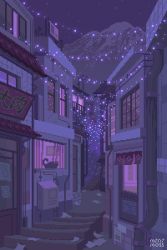 Rule 34 | animated, animated gif, artist name, cat, commentary, drainpipe, english commentary, mini-moss, mountainous horizon, no humans, original, outdoors, pixel art, purple theme, sign, stairs, window