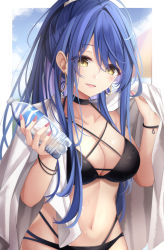 Rule 34 | 1girl, absurdres, bikini, black bikini, blue hair, blue sky, border, bottle, breasts, cleavage, cloud, commentary, cross-laced bikini, cross-laced clothes, gradient sky, hands up, highres, holding, holding bottle, holding towel, large breasts, looking at viewer, navel, open mouth, orange sky, original, outdoors, ponytail, sky, smile, solo, stomach, swimsuit, towel, towel around neck, tsukasa tsubasa, water bottle, wet, yellow eyes