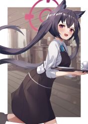 Rule 34 | 1girl, absurdres, animal ear fluff, animal ears, apron, black hair, blue archive, blue necktie, blush, cat ears, collared shirt, commentary request, e buki, fang, feet out of frame, halo, highres, holding, holding tray, indoors, long hair, looking at viewer, looking to the side, necktie, open mouth, red eyes, serika (blue archive), shirt, smile, solo, tray, twintails, waitress