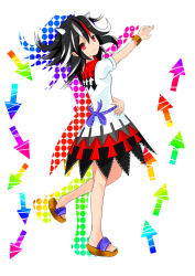 Rule 34 | 1girl, arrow (symbol), asusilver (artist), bangle, black hair, bow, bracelet, dress, gradient background, highres, horns, jewelry, kijin seija, lace, lace-trimmed dress, lace trim, multicolored hair, outstretched arm, polka dot, polka dot background, rainbow gradient, red eyes, red hair, sandals, short hair, short sleeves, solo, streaked hair, touhou