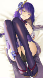 Rule 34 | 1girl, absurdres, bed sheet, braid, breasts, closed mouth, coattails, commentary request, eleaaa, eyeliner, flower, genshin impact, geta, hair ornament, highres, japanese clothes, kimono, lace, lace-trimmed panties, lace trim, large breasts, long hair, looking at viewer, lying, makeup, mole, mole under eye, on back, panties, purple eyes, purple flower, purple hair, purple thighhighs, raiden shogun, solo, tassel, thighhighs, thighs, underwear