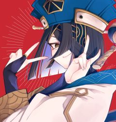 Rule 34 | 1girl, black hair, bob cut, brown eyes, chikage (blackclownery), chinese clothes, double v, fate/grand order, fate (series), hair over one eye, hat, highres, mole, mole under eye, red background, robe, short hair, simple background, smile, solo, upper body, v, xu fu (fate)