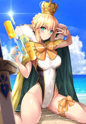 Rule 34 | 1girl, ahoge, artoria pendragon (fate), artoria pendragon (swimsuit archer) (fate), artoria pendragon (swimsuit archer) (third ascension) (fate), blonde hair, blush, bow, braid, breasts, cape, cleavage, cloud, crown, day, excalibur (fate/stay night), fate/grand order, fate/stay night, fate (series), green eyes, highres, holding, looking at viewer, medium breasts, one-piece swimsuit, outdoors, sitting, sky, smile, solo, summer, swimsuit, untue, v, water gun