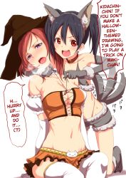 Rule 34 | 10s, 2girls, :3, animal ears, bare shoulders, black hair, blush, breasts, clearite, cleavage, collar, collarbone, elbow gloves, fake animal ears, gloves, grey gloves, halloween, hard-translated, hat, highleg, highleg panties, highres, looking at viewer, love live!, love live! school idol project, multiple girls, navel, nishikino maki, open mouth, panties, purple eyes, red eyes, red hair, short hair, simple background, smile, tail, tail wagging, thighhighs, third-party edit, translated, twintails, underwear, white background, white gloves, white legwear, witch hat, wolf ears, wolf tail, yazawa nico
