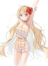 Rule 34 | 1girl, arm behind head, arm up, armpits, arms behind head, bad id, bad pixiv id, bare shoulders, black choker, blonde hair, blush, breasts, choker, cleavage, flower, hair ornament, hand on own arm, highres, large breasts, long hair, looking at viewer, original, plaid, plaid shirt, plaid shorts, red eyes, red flower, sabet (young ouo), shirt, shorts, solo, standing, strapless, strapless shirt, very long hair, white background