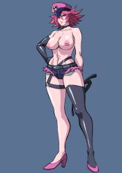 Rule 34 | 1girl, bare arms, bare legs, bare shoulders, belt, belt collar, black thighhighs, blue eyes, breasts, capcom, collar, collarbone, elbow gloves, final fight, gloves, hat, high heels, highres, holding, holding weapon, holding whip, large breasts, leg belt, looking at viewer, makinaru, military hat, nipples, open mouth, pink hair, poison (final fight), police hat, short hair, shorts, solo, standing, stomach, street fighter, thighhighs, weapon, whip
