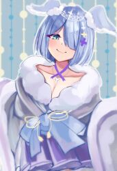 Rule 34 | 1girl, aqua eyes, blue hair, bob cut, breasts, cleavage, collarbone, commentary request, elira pendora, elira pendora (2nd costume), fur trim, hair ornament, hair over one eye, hairclip, head wings, highres, japanese clothes, jewelry, key, key necklace, kimono, medium breasts, necklace, nijisanji, nijisanji en, official alternate costume, partial commentary, reityana, short hair, smile, solo, virtual youtuber, wings