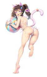 Rule 34 | 1girl, :3, :d, absurdres, animal ear fluff, animal ears, artist name, ass, back, bad id, bad pixiv id, ball, bare arms, bare legs, bare shoulders, barefoot, beachball, bikini, blunt bangs, blush, breast press, breasts, brown hair, butterfly hair ornament, cameltoe, cat ears, cat tail, choker, eyebrows, feet, from behind, full body, glint, hair ornament, hairclip, highres, holding, holding ball, korean text, looking at viewer, muloli, multicolored eyes, open mouth, original, partially submerged, purple eyes, ribbon, running, shiny skin, short hair, side-tie bikini bottom, sideboob, simple background, slit pupils, smile, soles, solo, standing, standing on one leg, swimsuit, tail, tattoo, toes, twintails, water, water drop, wet, white background, white bikini, white ribbon, wrist cuffs, x hair ornament, yellow eyes