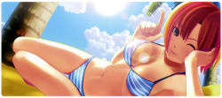 Rule 34 | 1girl, ;), arm support, bare shoulders, bikini, blue sky, breasts, cleavage, cloud, day, fingernails, green eyes, highres, koutaro, lens flare, long fingernails, lying, medium breasts, nail polish, navel, on side, one eye closed, palm tree, parted lips, red hair, rio rollins, scan, short hair, sky, smile, solo, striped bikini, striped clothes, sun, sunlight, super blackjack, swimsuit, thigh gap, tree, wink