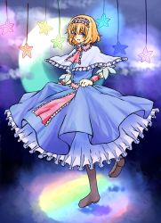 Rule 34 | 1girl, alice margatroid, arm warmers, blonde hair, blue eyes, boots, capelet, colorful, crescent moon, dress, highres, knora, moon, short hair, solo, spinning, star (symbol), touhou