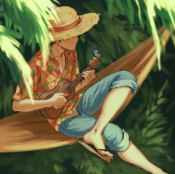 Rule 34 | 1boy, artist name, black hair, blue pants, blurry, bug, butterfly, closed mouth, collarbone, commentary, covered eyes, crossed legs, feet, flip-flops, hammock, hat, hawaiian shirt, highres, holding, holding instrument, insect, instrument, leaf, male focus, monkey d. luffy, one piece, outdoors, pants, pants rolled up, pointy nose, sandals, shadow, shirt, short sleeves, sitting, smile, solo, solo focus, sonich, straw hat, toes, toned, toned male, ukulele