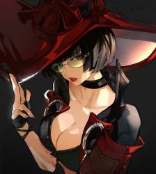 Rule 34 | 1girl, arc system works, black hair, blue eyes, bob cut, breasts, choker, cleavage, fingerless gloves, gloves, guilty gear, guilty gear strive, hat, heterochromia, highres, i-no, large breasts, mole, mole above mouth, red eyes, shaded face, simple background, witch hat