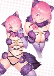 Rule 34 | 1girl, animal ears, ass, bad id, bad pixiv id, breast press, breasts, cosplay, elbow gloves, fake animal ears, fang, fang out, fate/grand order, fate (series), fiodo, fur trim, gloves, groin, hair over one eye, halloween costume, head tilt, highres, large breasts, lips, looking at viewer, mash kyrielight, mash kyrielight (dangerous beast), mash kyrielight (dangerous beast) (cosplay), multiple views, navel, official alternate costume, purple eyes, purple gloves, purple hair, purple thighhighs, short hair, tail, thighhighs, v arms, wolf ears, wolf tail