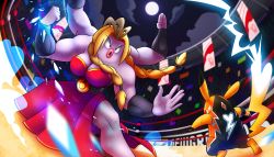 Rule 34 | 2girls, armband, belt, biceps, blonde hair, braid, breasts, cleavage, clothed pokemon, colored skin, cosplay pikachu, creatures (company), dress, extra arms, fighting stance, fingerless gloves, fu shark, fusion, game freak, gen 1 pokemon, gloves, highres, jynx, machamp, moon, multiple girls, muscular, muscular female, nintendo, perspective, pikachu, pikachu libre, pokemon, pokemon (creature), puffy lips, purple skin, stadium, sweat, toned, twin braids, wrestling outfit, wrestling ring