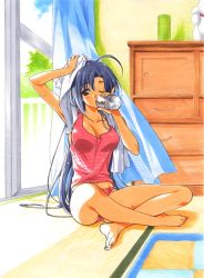 Rule 34 | 1990s (style), ahoge, alcohol, barefoot, beer, blue hair, blush, brown eyes, can, crossed legs, drink, drinking, indian style, kinoshita takako, long hair, panties, pia carrot (series), pia carrot e youkoso!!, pia carrot e youkoso!! 3, pink panties, retro artstyle, sitting, solo, striped clothes, striped panties, suzuhira hiro, tank top, towel, underwear, very long hair