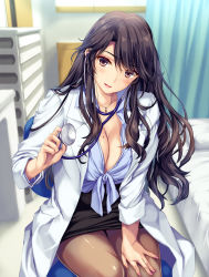 Rule 34 | 1girl, :d, amagi ryou, black hair, black skirt, blush, boku to joi no shinsatsu nisshi, boku to kanojo (joi) no shinsatsu nisshi, boku to nurse no kenshuu nisshi, breasts, brown eyes, cleavage, collared shirt, doctor, head tilt, highres, holding, indoors, jewelry, lab coat, large breasts, long hair, looking at viewer, mole, mole on breast, monety, nail polish, necklace, open mouth, pantyhose, parted bangs, pink nails, shirt, sidelocks, sitting, skirt, smile, solo, stethoscope, tied shirt, wavy hair