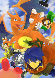 Rule 34 | 4boys, blue eyes, blue hair, cape, captain falcon, charizard, claws, creatures (company), f-zero, facial hair, fire emblem, fire emblem: path of radiance, furry, furry male, game &amp; watch, game freak, gen 1 pokemon, gloves, hat, headband, helmet, highres, ike (fire emblem), kirby, kirby (series), luigi, male focus, mario (series), mr. game &amp; watch, multiple boys, mustache, nintendo, poke ball, pokemon, pokemon (creature), red eyes, scarf, star fox, super mario bros. 1, super smash bros., sword, weapon, wings, wolf o&#039;donnell