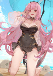 Rule 34 | 1girl, :d, akizero1510, bare legs, barefoot, beach, beach umbrella, black choker, black nails, black one-piece swimsuit, breasts, choker, cleavage, day, detached sleeves, full body, highres, hololive, hololive english, kneeling, large breasts, long hair, long sleeves, looking at viewer, mori calliope, nail polish, one-piece swimsuit, open mouth, outdoors, pink hair, puffy long sleeves, puffy sleeves, red eyes, scythe, see-through, see-through sleeves, skull, smile, solo, strapless, strapless one-piece swimsuit, swimsuit, tiara, umbrella, very long hair, virtual youtuber