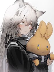 Rule 34 | 1girl, anger vein, animal ear fluff, animal ears, arknights, bad id, bad twitter id, black jacket, blush, closed mouth, commentary request, gradient background, grey background, hair between eyes, hair ornament, highres, jacket, lappland (arknights), long hair, long sleeves, looking at viewer, parted lips, revision, scar, scar across eye, scar on face, smile, tab head, upper body, white eyes, white hair