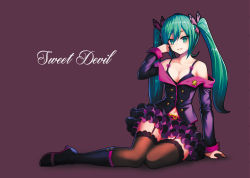 Rule 34 | 1girl, :d, aqua eyes, aqua hair, bare shoulders, belt, black bra, black thighhighs, bow, bra, breasts, butterfly hair ornament, buttons, cleavage, collarbone, defiaz (infinity), frilled skirt, frills, garter straps, grin, hair ornament, hand in own hair, hatsune miku, honey whip (module), jacket, long hair, long sleeves, looking at viewer, nail polish, navel, off shoulder, open mouth, parted lips, pink bow, pink nails, project diva (series), project diva f, purple eyes, purple jacket, purple skirt, revision, simple background, sitting, skirt, small breasts, smile, solo, sweet devil (vocaloid), thighhighs, twintails, underwear, very long hair, vocaloid, zettai ryouiki