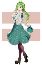 Rule 34 | 1girl, alternate costume, alternate hairstyle, antenna hair, bag, boots, braid, casual, closed mouth, commentary, contemporary, frog hair ornament, from behind, full body, green eyes, green hair, green ribbon, green skirt, hair ornament, hair ribbon, hairclip, handbag, high heel boots, high heels, highres, holding, holding bag, kochiya sanae, leg up, long hair, long sleeves, looking at viewer, looking back, nabeshima tetsuhiro, pantyhose, purple pantyhose, ribbon, simple background, single braid, skirt, smile, solo, standing, sweater, thighhighs, touhou, two-tone background, white background, white sweater