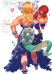 Rule 34 | 1boy, 2girls, ac120, backboob, barefoot, black dress, blonde hair, bowsette, bracelet, breasts, brown hair, color guide, crown, dress, earrings, english text, facial hair, from behind, heart, held up, highres, horns, jewelry, kneepits, large breasts, lizard tail, long hair, mario, mario (series), multiple girls, muscular, muscular female, mustache, new super mario bros. u deluxe, nintendo, over shoulder, overalls, princess peach, red headwear, simple background, speech bubble, spiked anklet, spiked bracelet, spiked shell, spikes, spoken heart, strapless, strapless dress, super crown, tail, white background, white horns