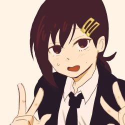 Rule 34 | 1girl, artist request, black hair, business suit, chainsaw man, formal, hair ornament, hairclip, higashiyama kobeni, nervous, open mouth, ponytail, suit