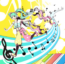 Rule 34 | 1girl, :d, absurdres, aqua hair, blush, digital media player, gradient hair, green eyes, hatsune miku, headphones, highres, long hair, midriff, mou niu, multicolored hair, musical note, navel, open mouth, outstretched arms, pants, pink hair, quaver, smile, solo, spread arms, suspenders, tank top, treble clef, twintails, vocaloid