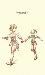 Rule 34 | 00s, 10s, 2girls, artist name, bare shoulders, boots, brown hair, detached sleeves, final fantasy, final fantasy xi, final fantasy xiv, gloves, hairband, hume, hyur, knee boots, looking back, multiple girls, relay baton, short hair, short ponytail, shorts, square enix, you haruka