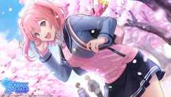 Rule 34 | 1girl, 2boys, :d, aizen touma, aran sweater, artist request, backpack, bag, cable knit, cherry blossoms, commentary, copyright name, copyright notice, cowboy shot, day, dutch angle, falling petals, fudou ryuusei, gundam, gundam breaker mobile, highres, long sleeves, looking at viewer, medium hair, miniskirt, miyama sana, multiple boys, official art, open mouth, outdoors, petals, pink hair, pink sweater, sanakapool, school uniform, skirt, smile, solo focus, sunrise (company), sweater, sweater under jacket, tree, two side up