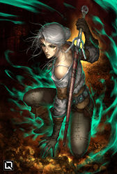 Rule 34 | 1girl, ciri, gloves, green eyes, jewelry, kneeling, kuroi-tsuki, lips, looking at viewer, necklace, scar, short hair, silver hair, solo, sword, the witcher (series), the witcher 3, weapon