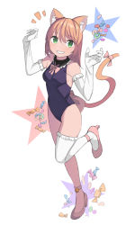 Rule 34 | 1girl, animal ear fluff, animal ears, bare shoulders, black leotard, bow, bowtie, breasts, candy, cat ears, cat girl, cat tail, elbow gloves, food, full body, gloves, green eyes, grin, hair between eyes, high heels, highres, kittysuit, leotard, long hair, looking at viewer, nontraditional playboy bunny, orange hair, original, pink footwear, saiste, shoes, simple background, single thighhigh, small breasts, smile, solo, standing, standing on one leg, star (symbol), tail, thighhighs, white background, white gloves