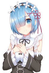 Rule 34 | 10s, 1girl, bare shoulders, black dress, blue eyes, blue hair, blunt bangs, blush, breasts, commentary request, detached sleeves, dress, frilled sleeves, frills, hair ornament, hair over one eye, hair ribbon, hands on own chest, looking at viewer, maid, maid headdress, matching hair/eyes, own hands together, pink ribbon, re:zero kara hajimeru isekai seikatsu, rem (re:zero), ribbon, short hair, shuuichi, simple background, smile, solo, underbust, upper body, white background, x hair ornament