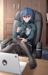 Rule 34 | 1girl, absurdres, ahoge, bartender, black hair, black necktie, black pantyhose, cabinet, cameltoe, chair, collared shirt, computer, feet, glasses, green shirt, highres, holding, honkai (series), honkai impact 3rd, indoors, laptop, legs, long sleeves, looking at viewer, lrh0123, mole, mole under mouth, necktie, no shoes, office chair, pantyhose, purple eyes, raven (honkai impact), shirt, short hair, sitting, smile, solo, swivel chair, table, toes