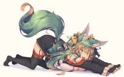 Rule 34 | 1girl, all fours, animal ear fluff, animal ears, black thighhighs, breast press, breasts, brown hair, cleavage, fang, fingerless gloves, garter straps, gloves, green eyes, green hair, kuromiya, kuromiya raika, large breasts, long hair, looking at viewer, multicolored hair, open mouth, original, solo, stretching, tail, thighhighs, two-tone hair, white background