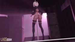 Rule 34 | 1girl, 3d, animated, artist name, ass, ass shake, back cutout, black blindfold, blindfold, boots, bottomless, clothing cutout, hairband, high heel boots, high heels, huge ass, jiggle, juliet sleeves, laosduude, long sleeves, looking back, nier (series), nier:automata, pole, pole dancing, puffy sleeves, shiny skin, short hair, solo, standing, stripper pole, thigh boots, thighhighs, thighhighs under boots, video, white hair, 2b (nier:automata)