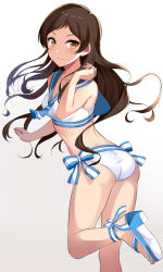 Rule 34 | 1girl, ankle ribbon, asato (fadeless), ass, bikini, blue neckerchief, brown eyes, brown hair, clenched hands, commentary request, hand up, high heels, highres, idolmaster, idolmaster million live!, idolmaster million live! theater days, kitazawa shiho, leg ribbon, long hair, looking at viewer, looking back, neckerchief, no bangs, ribbon, sailor bikini, sailor collar, sailor swimsuit (idolmaster), sandals, solo, standing, standing on one leg, striped ribbon, swimsuit, white bikini