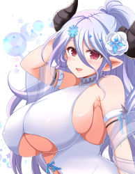 Rule 34 | 1girl, afuro, armlet, bare shoulders, blush, breasts, covered erect nipples, cow girl, cow horns, draph, female focus, granblue fantasy, hair ornament, horns, huge breasts, ice, izmir, long hair, looking at viewer, mole, pointy ears, ponytail, purple hair, red eyes, see-through, sideboob, skindentation, smile, solo, underboob, upper body