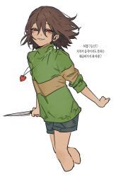 Rule 34 | 1other, an1th1ngnb, brown hair, chara (undertale), knife, korean text, red eyes, shorts, smile, solo, undertale, white background
