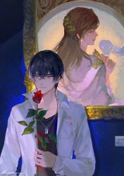 Rule 34 | 1boy, 1girl, back, black shirt, brown hair, closed eyes, closed mouth, cloud, dog tags, dress, flower, highres, holding, holding flower, jacket, laoyepo, lipstick, long hair, long sleeves, makeup, marius von hagen (tears of themis), portrait (object), purple dress, purple eyes, red flower, red rose, rosa (tears of themis), rose, shirt, short hair, smile, snake, tears of themis, toga, white jacket
